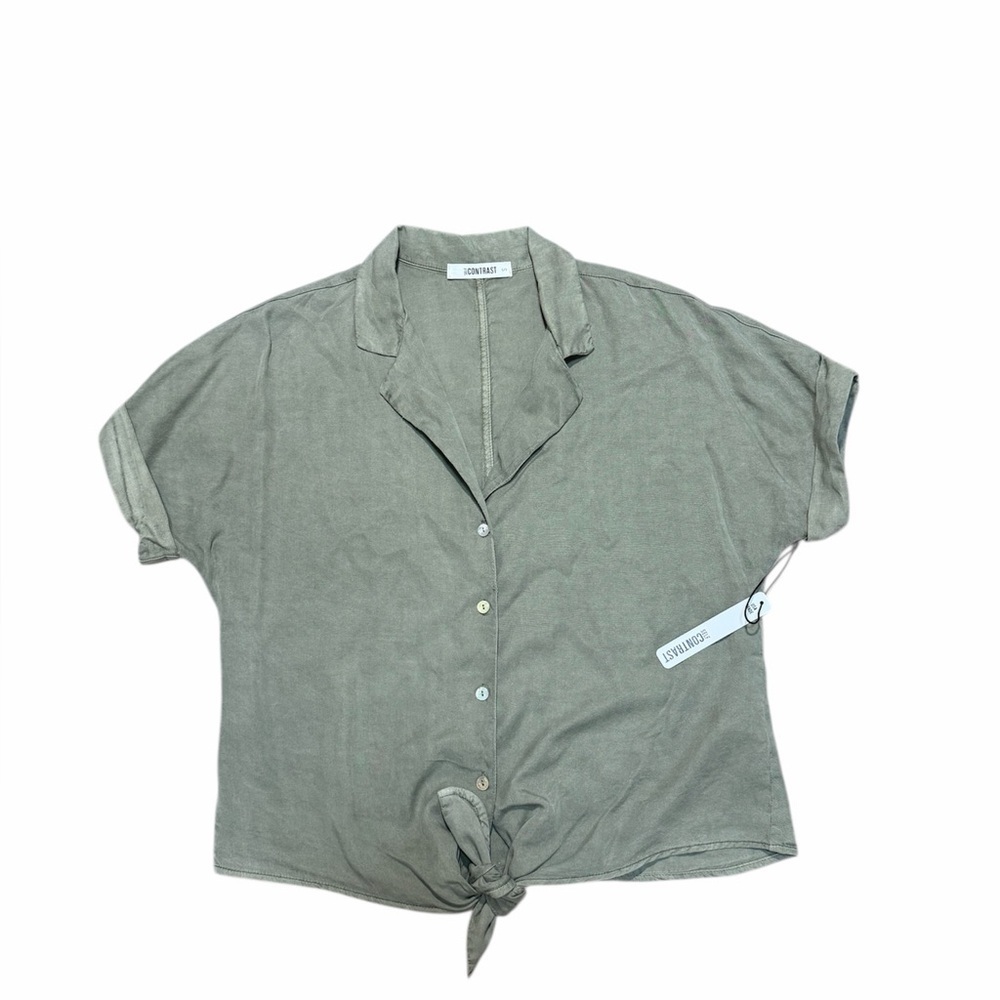 Anthropologie Self Contrast Green Tencel Tie-Front Button Blouse | Small